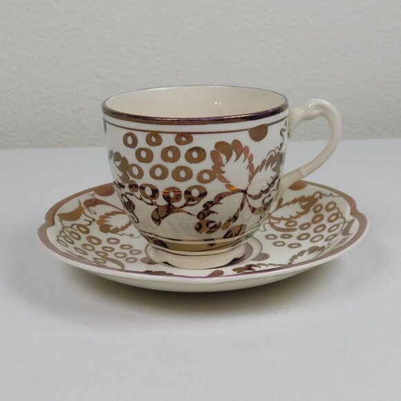 Grays Pottery Copper Luster Grapes Leaves Hand Painted Cup And Saucer Set FLAW - Picture 1 of 11
